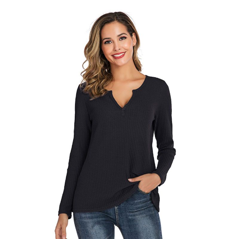 Long Sleeve V-Neck Waffle Knit Top | eBay